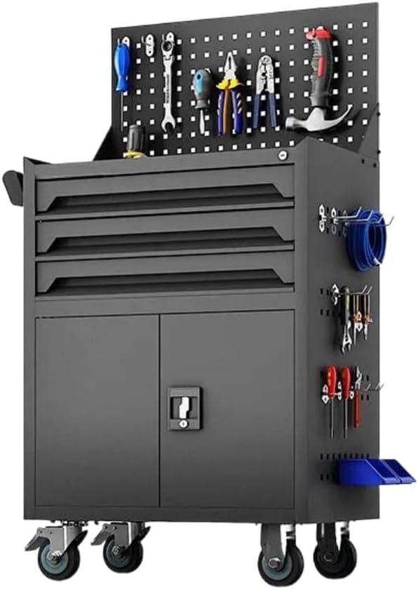 Heavy Tool Cart with Pegboard and Handle, 3-Drawer Garage Storage Cabinet & Toolbox on Wheels for Garage, Warehouse & Workshop(Black)