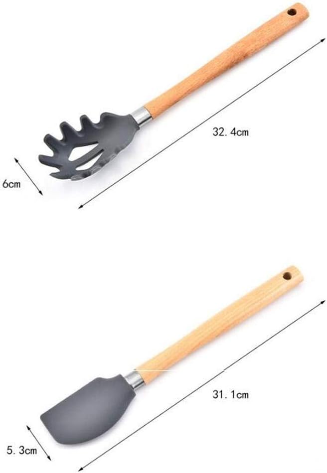 8 pcs Silicone Cooking Kitchen Utensils Set, Bamboo Wooden Handles Cooking Tool Non Toxic Silicone Tongs Spatula Spoon Kitchen Gadgets Utensil Set for Nonstick