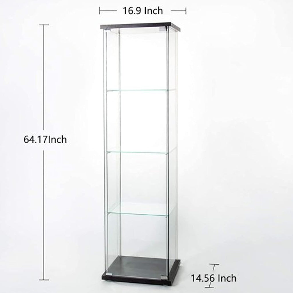 Modern 64'' 4-Shelf Glass Display Cabinet in Clear with Door, Curio Cabinet Collection Display Case, Floor Standing Bookshelf for Living Room Bedroom Home Office (Black -S)