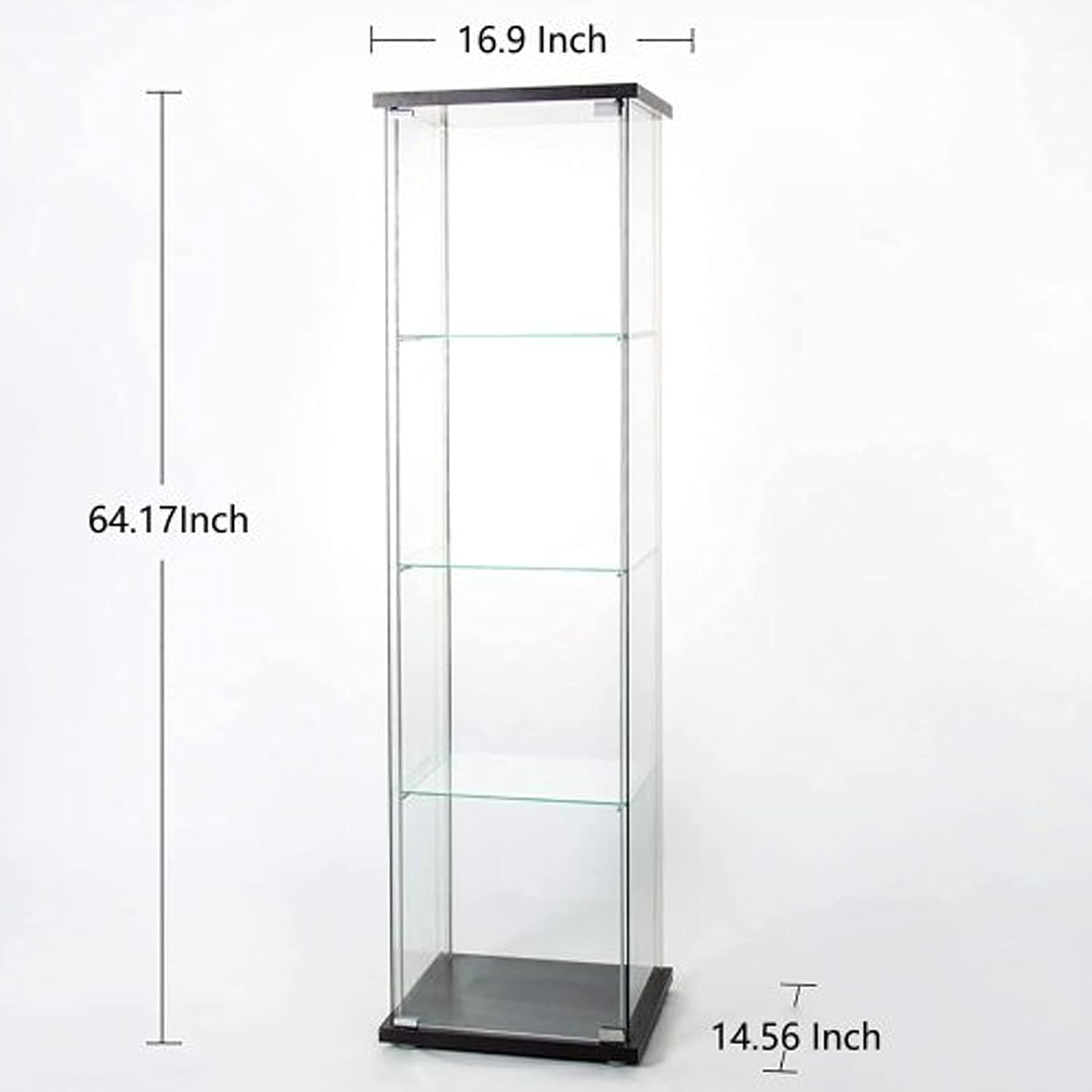 Modern 64'' 4-Shelf Glass Display Cabinet in Clear with Door, Curio Cabinet Collection Display Case, Floor Standing Bookshelf for Living Room Bedroom Home Office (Black -S)