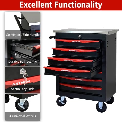 Tool Box Cart With Braked Wheels,7 Drawer,Lockable Secure Functional Rolling Tool Box,metal Storage Cabinet Cart,Tool Storage for Garages,Warehouses,DIY Manager with Multiple Interconnectable,BlackRed