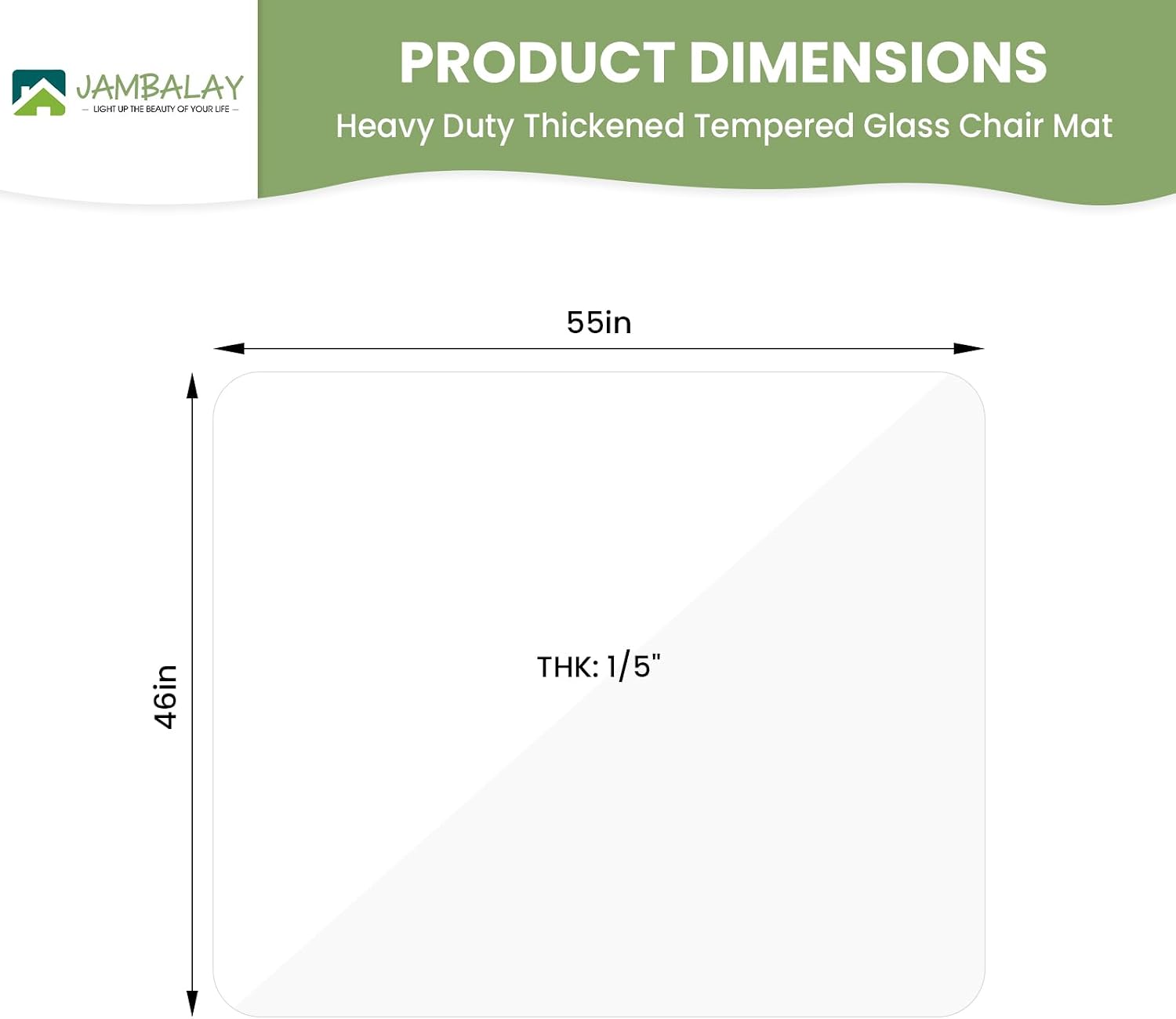 JAMBALAY 55″×46″ Tempered Glass Chair Mat, Heavy Duty Glass Office Floor Mat for Carpets and Wooden Floor, with 12 Anti-Slip Pads, Polished Edges and Round Corners, Easy Roll On, Thick 0.2″