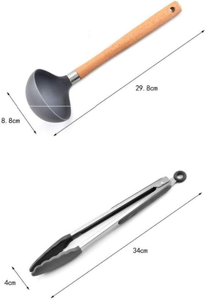 8 pcs Silicone Cooking Kitchen Utensils Set, Bamboo Wooden Handles Cooking Tool Non Toxic Silicone Tongs Spatula Spoon Kitchen Gadgets Utensil Set for Nonstick