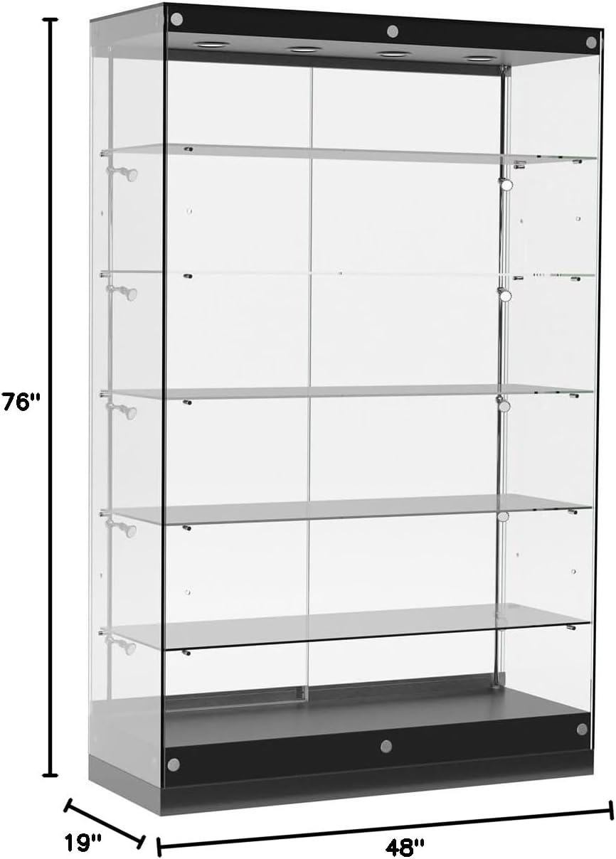 Displays2go 4' Frameless Glass Showcases with LED Lighting, Adjustable Shelves, Locking, MDF – Black (GTAP48LEDB)
