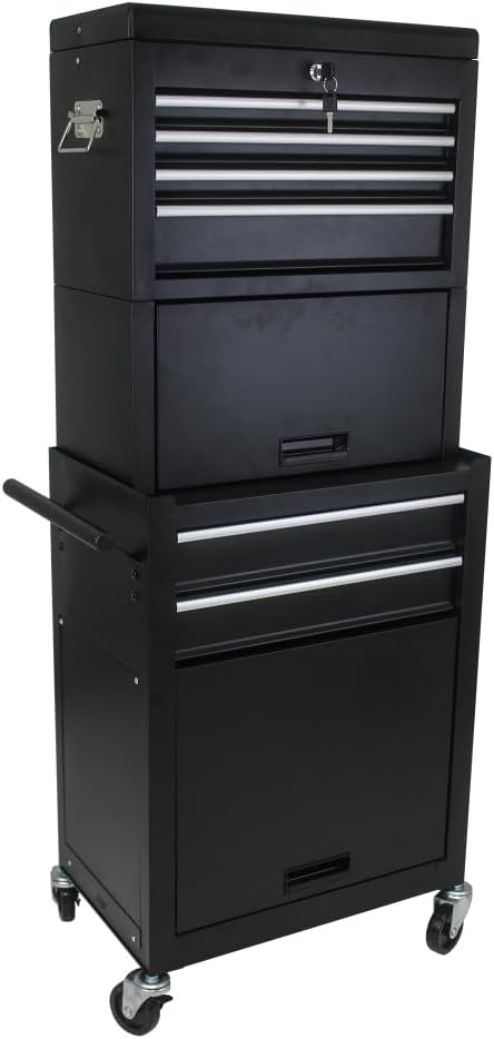 Tool Cabinet on Wheels, 6-Drawer Lockable Rolling Tool Chest w/ 4 Universal Wheels, 2 in 1 Detachable Tool Box Storage Organizer for Garage Workshop Repair Shop, Black