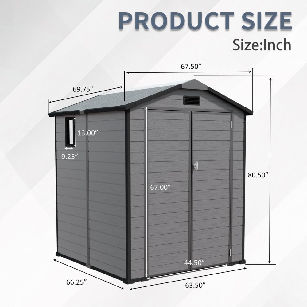 6x6 FT Outdoor Storage Shed with Floor & Window, Lockable Resin Tool Shed, Heavy-Duty Plastic Garden Shed for Backyard, Dark Gray