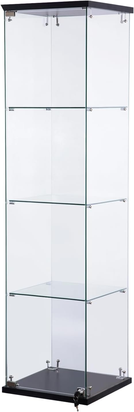 WISDOMFUR 16''x 63'' Frameless Glass Display Cabinet Showcase Glass Cube with Lock, Tempered Glass 4 Shelf Single Door, MDF Base - White & Black (Black), CT1660