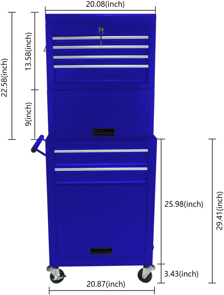 Tool Cabinet on Wheels, 6-Drawer Lockable Rolling Tool Chest w/ 4 Universal Wheels, 2 in 1 Detachable Tool Box Storage Organizer for Garage Workshop Repair Shop,BLUE (Blue + Steel)