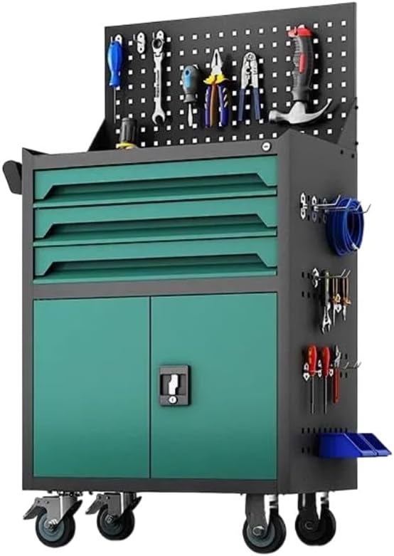 Heavy Tool Cart with Pegboard and Handle, 3-Drawer Garage Storage Cabinet & Toolbox on Wheels for Garage, Warehouse & Workshop(Green)