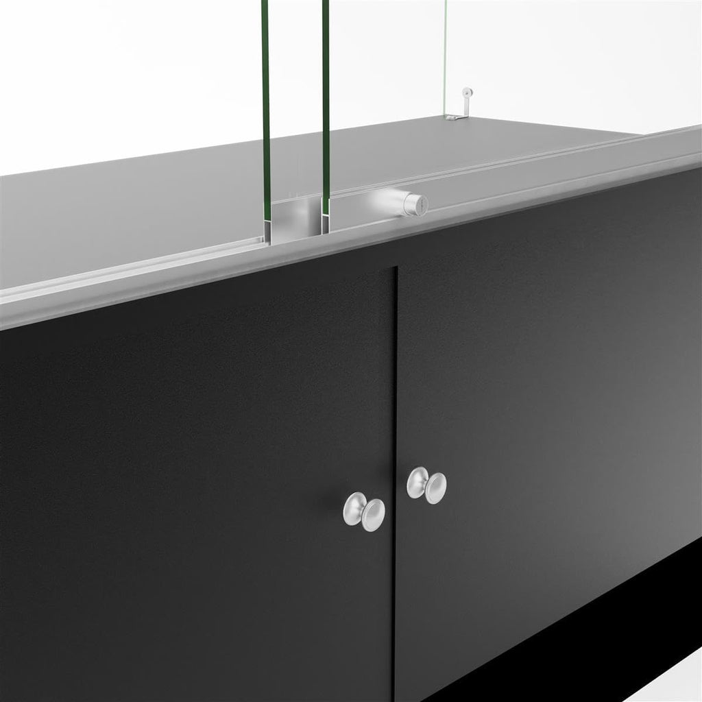 Displays2go 48 Inch Glass Display Cabinet with 3 Glass Shelves, Separate Storage Area in Base, Sliding Doors (Black)