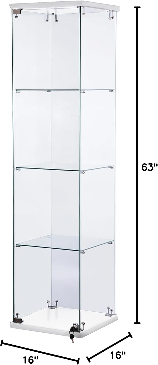WISDOMFUR Tall Frameless Glass Display Cabinet – 63' H x 16' W Showcase with Locking Door, 4 Adjustable Tempered Glass Shelves & White Base for Retail, Collectibles, or Home Display