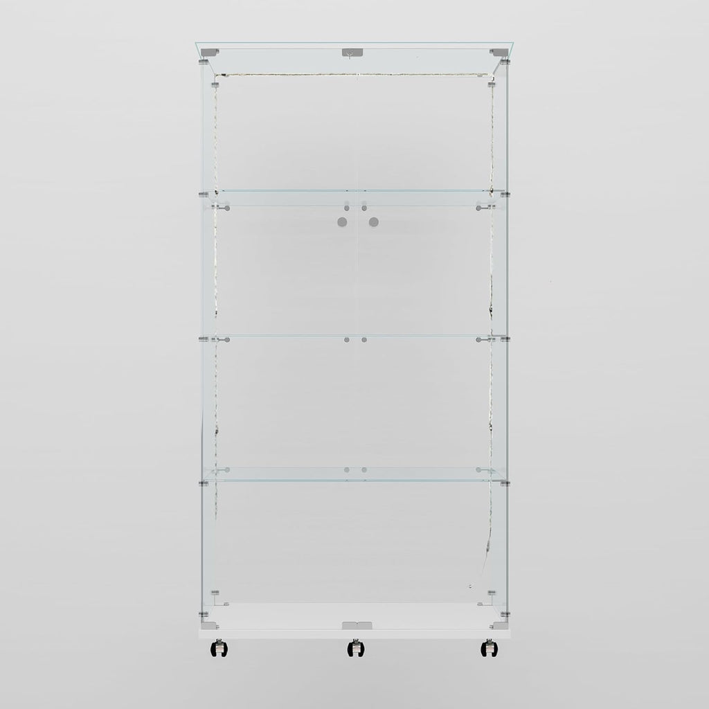 65' Tall Tempered Glass Display Cabinet with LED Lights&Rolling Wheels, Curio Cabinet with 4 Shelves with 2 Door, Quick-Install Style Floor Standing Bookshelf File Cabinet for Living Room Office