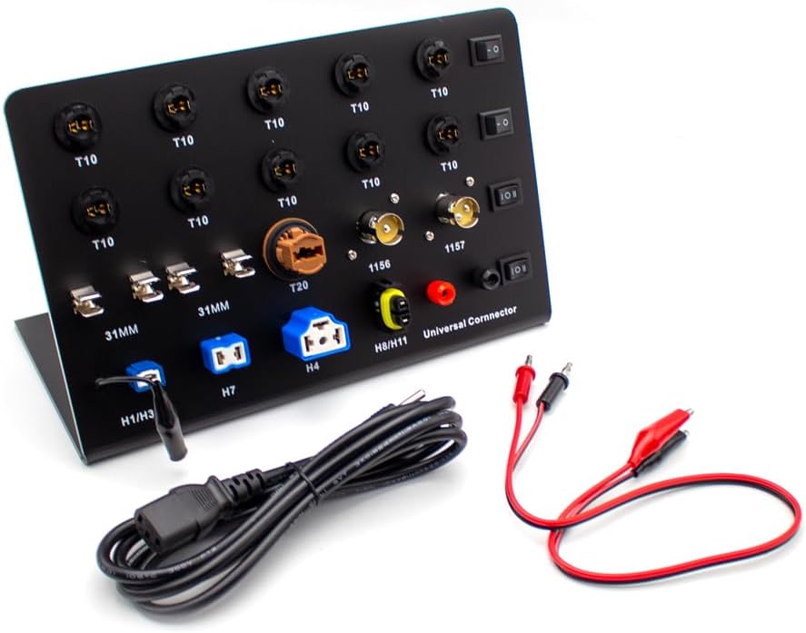 iDili Multi-Function 12V Auto Car Light Tester, 110V-265V Input Test Board for HID Xenon LED Bulb T10 W5W Festoon C5W T20 7443 H1 H3 H7 H4 9005 with Universal Connector