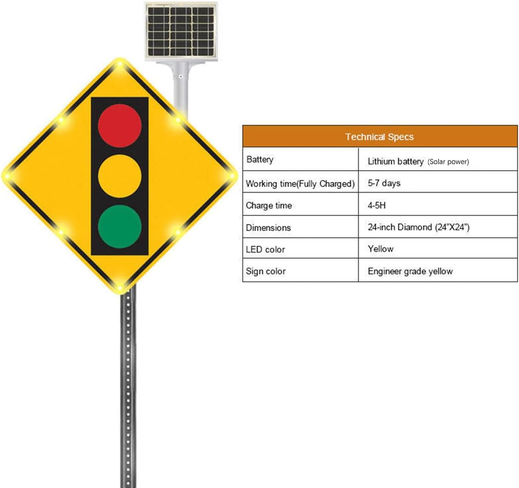 24' Solar Power Traffic Light Ahead Sign, LED Reflective Film Crossing Signals with Accessories, Aluminum Traffic Control Signboards