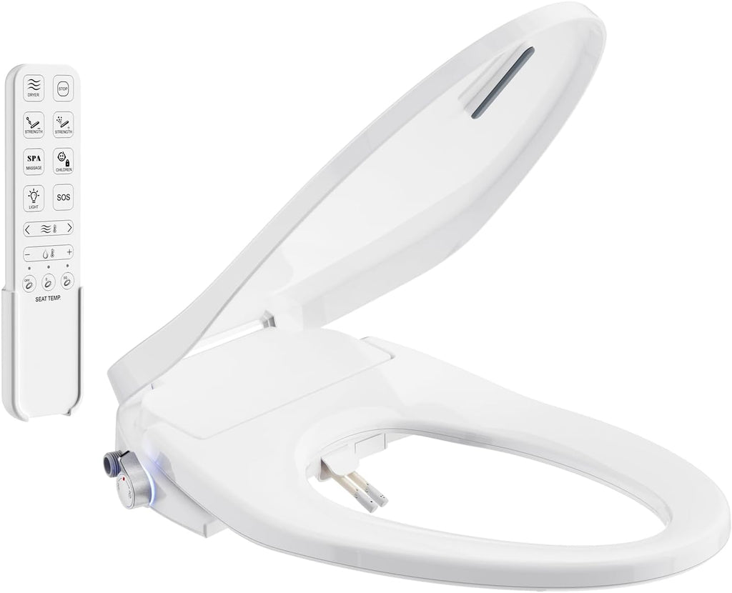 SR SUN RISE Electric Bidet Toilet Seat Elongated - Dual Nozzles for Female & Hip, Comfort Heated Seat & Air Dryer, 6 Wash Modes, Remote & Knob Control, Silent Close Lid, Nightlight, Ultra-Slim