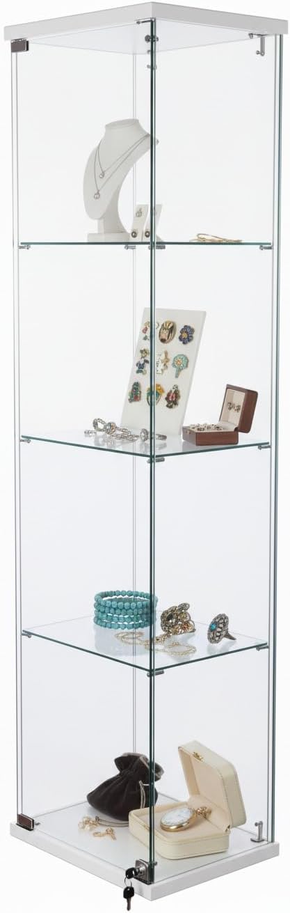 WISDOMFUR Tall Frameless Glass Display Cabinet – 63' H x 16' W Showcase with Locking Door, 4 Adjustable Tempered Glass Shelves & White Base for Retail, Collectibles, or Home Display