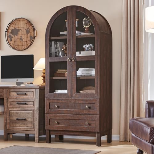 IFBUY 71' Tall Arched Bookshelf, 4-Tier Bookcase with Glass Doors and Shelves, Wooden Display Cabinet w/2 Large Storage Drawers, Modern Farmhouse Versatile Bookshelf for Living Room, Bedroom, Brown