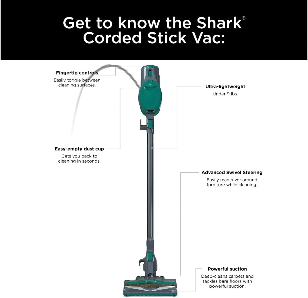 Shark Corded Stick Vacuum, Ultra-Lightweight, Swivel Steering, Powerful Deep-Cleaning, Floor-to-Ceiling Versatility, Converts to a Handheld Vacuum, Carpets & Hardfloor, Green, CS110EM