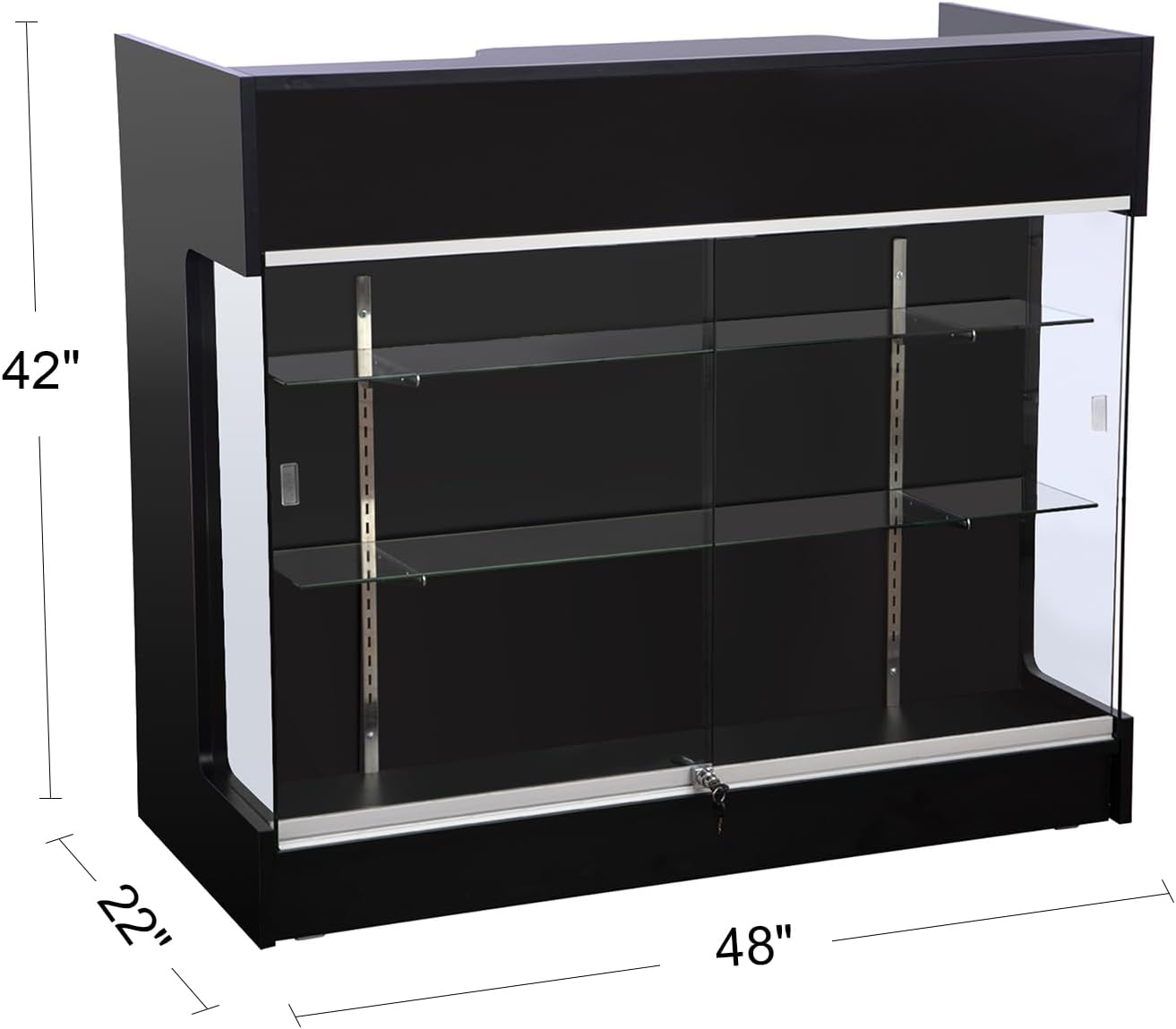 48' W x 22' D x 42' H - Retail Sales Counter with Adjustable Glass Shelves, Tempered Glass, Black Laminated Particle Board, Locking Drawers