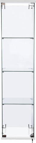 WISDOMFUR Tall Frameless Glass Display Cabinet – 63' H x 16' W Showcase with Locking Door, 4 Adjustable Tempered Glass Shelves & White Base for Retail, Collectibles, or Home Display