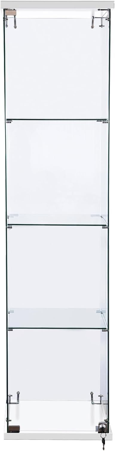 WISDOMFUR Tall Frameless Glass Display Cabinet – 63' H x 16' W Showcase with Locking Door, 4 Adjustable Tempered Glass Shelves & White Base for Retail, Collectibles, or Home Display