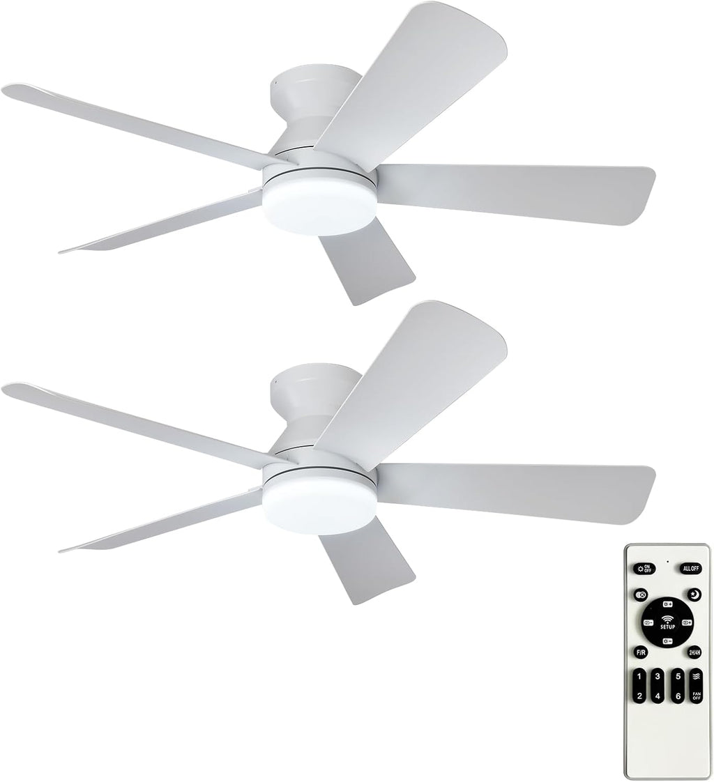 Depuley 42-Inch Ceiling Fans with Lights: Indoor/Outdoor Flush Mount Ceiling Fan with Remote Control - White 5 Blade Low Profile Fandelier for Kitchen Gazebo - Reversible Quiet Timer - 2 Packs