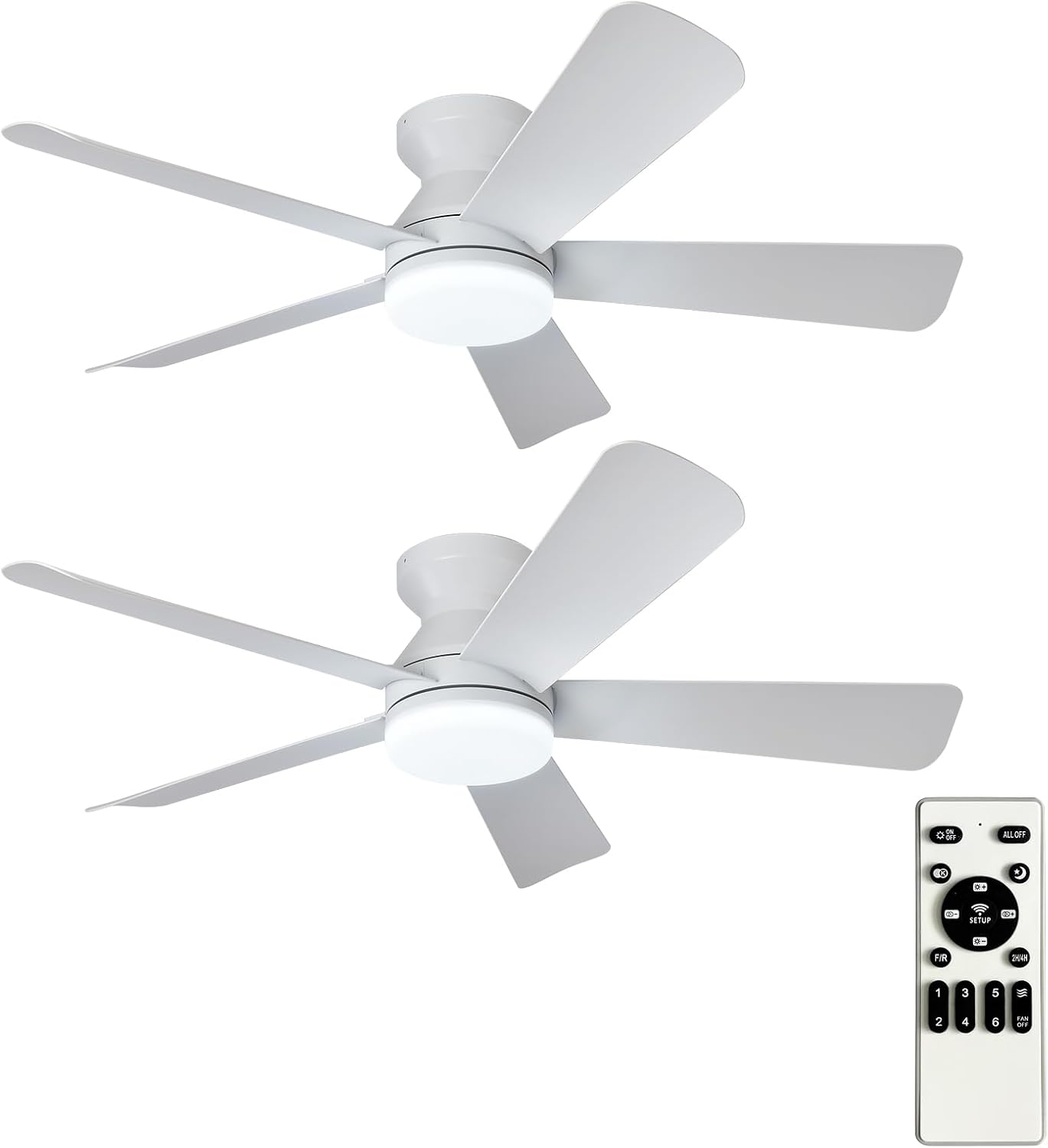 Depuley 42-Inch Ceiling Fans with Lights: Indoor/Outdoor Flush Mount Ceiling Fan with Remote Control - White 5 Blade Low Profile Fandelier for Kitchen Gazebo - Reversible Quiet Timer - 2 Packs