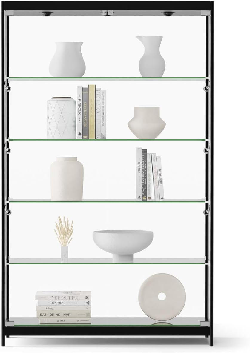 Displays2go 48' Glass Display Case with LED Lights, Lockable Retail & Museum Showcase Cabinet, 4 Shelves, Black Aluminum Frame (LESC4816BK)