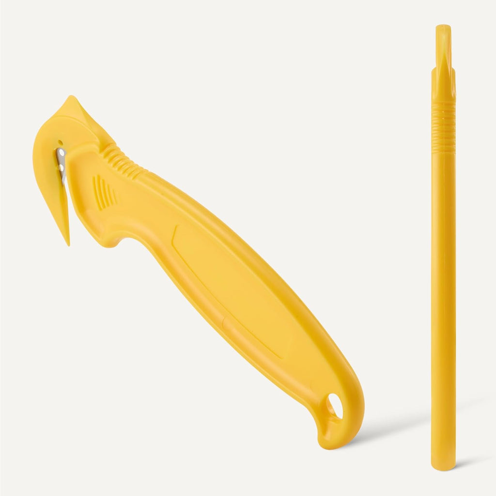 Amazon Basics Film Safety Cutter, Concealed Stainless Steel Blade with Tape Splitter for Boxes, Packages, Shrink Wrap, Yellow, 300-Pack