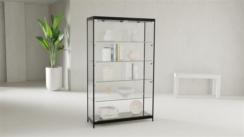 Displays2go 48' Glass Display Case with LED Lights, Lockable Retail & Museum Showcase Cabinet, 4 Shelves, Black Aluminum Frame (LESC4816BK)