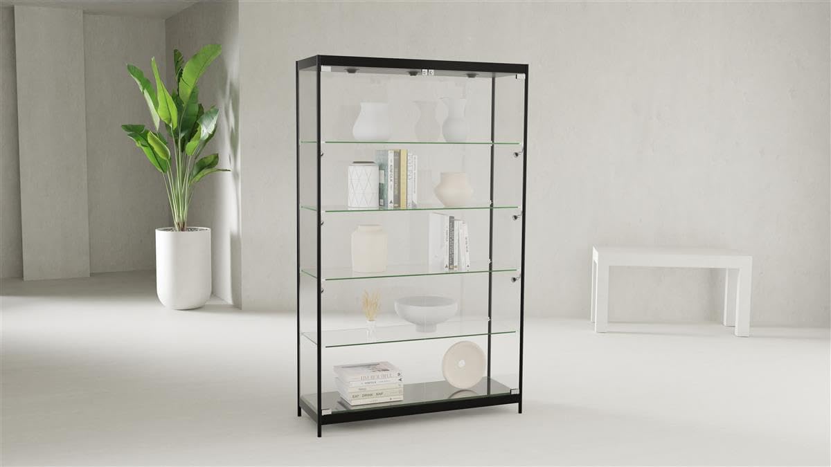 Displays2go 48' Glass Display Case with LED Lights, Lockable Retail & Museum Showcase Cabinet, 4 Shelves, Black Aluminum Frame (LESC4816BK)