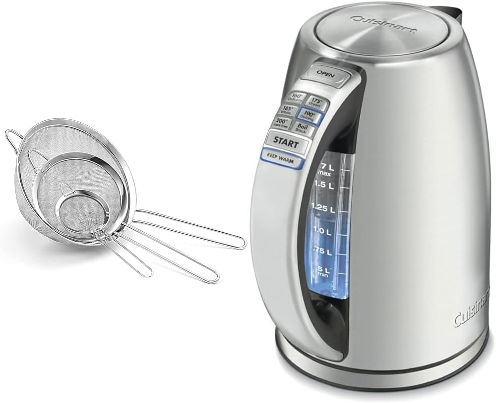 Cuisinart Mesh Strainers, 3 Pack Set, CTG-00-3MS Silver & 1.7-Liter Stainless Steel Cordless Electric Kettle with 6 Preset Temperatures