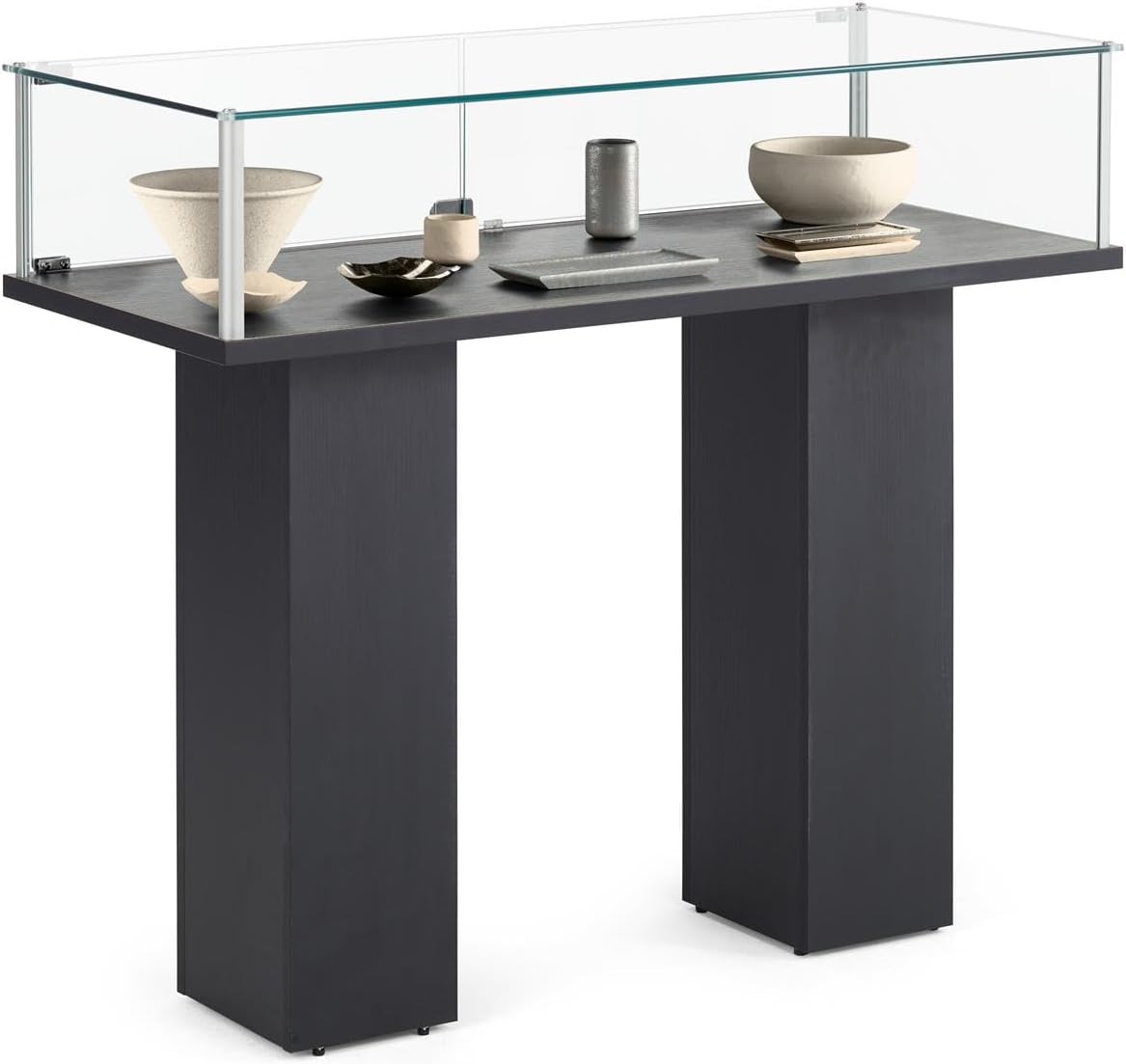 Free-Standing Tempered Glass Display Case, with 2 Pedestal Style Legs and Black Veneer
