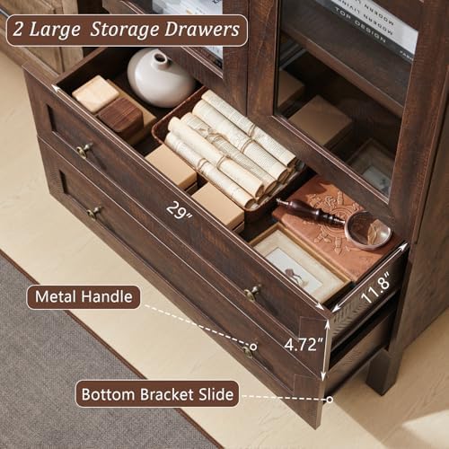IFBUY 71' Tall Arched Bookshelf, 4-Tier Bookcase with Glass Doors and Shelves, Wooden Display Cabinet w/2 Large Storage Drawers, Modern Farmhouse Versatile Bookshelf for Living Room, Bedroom, Brown