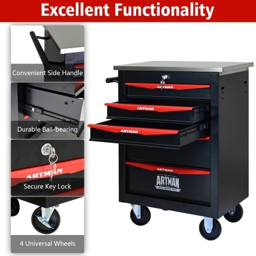 Tool Box Cart with Braked Wheels,5 Drawer,Tool Cart with Lockable Drawers Secure,Metal Storage Cabinet Cart,Tool Storage for Garages,Warehouses,DIY Manager with Multiple Interconnectable