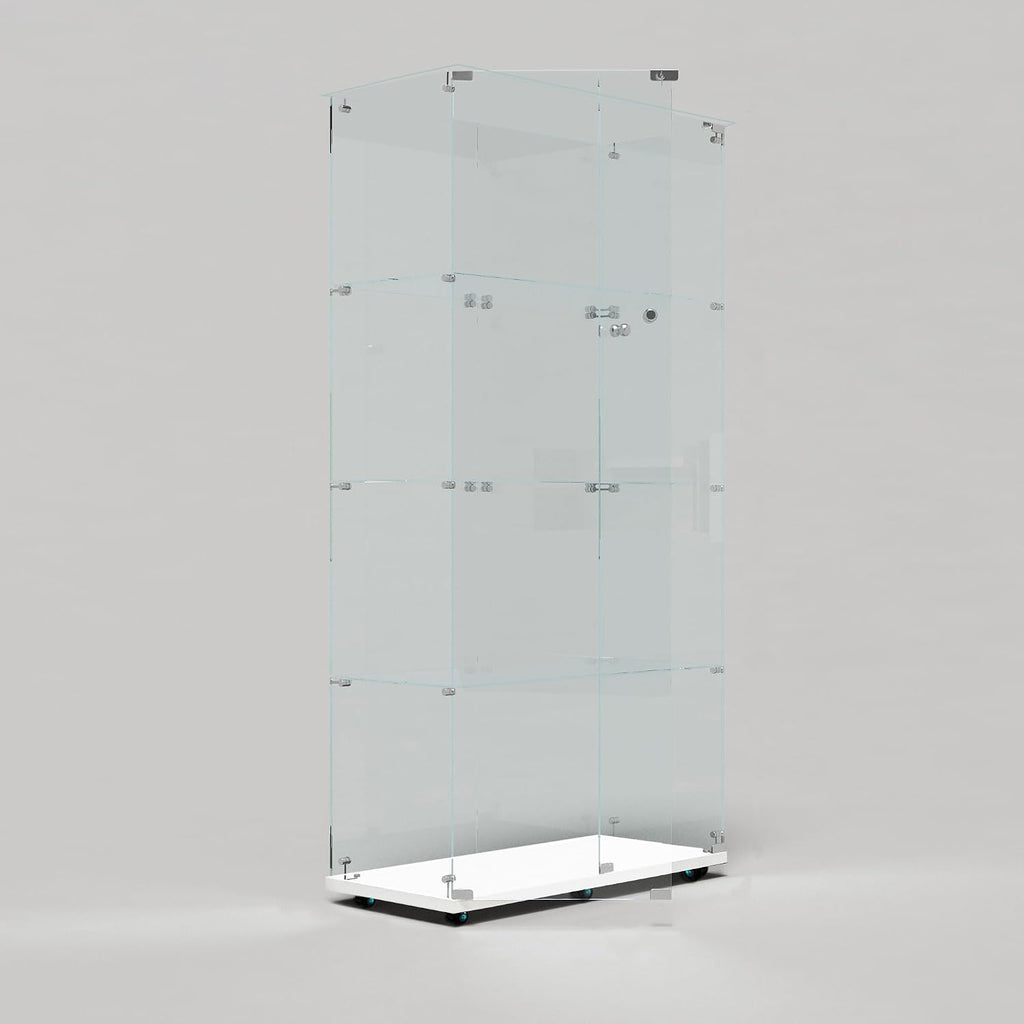 65' Tall Tempered Glass Display Cabinet with LED Lights&Rolling Wheels, Curio Cabinet with 4 Shelves with 2 Door, Quick-Install Style Floor Standing Bookshelf File Cabinet for Living Room Office