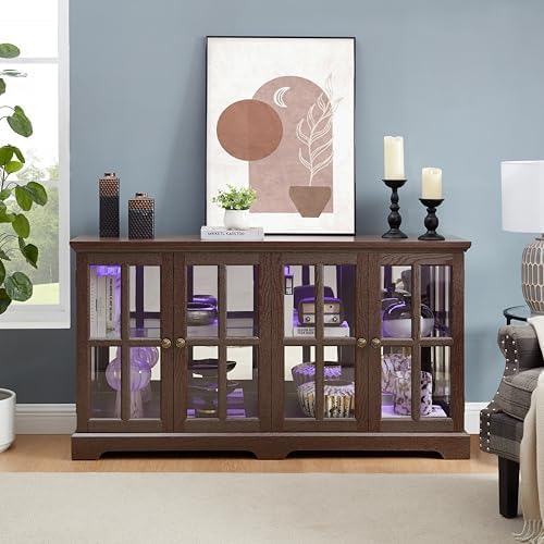 KEIKI Curio Cabinet, Lighted Glass Display Cabinet w/ 4 Glass Doors & Adjustable Shelves, Lighted Showcase with Light Strip, TV Stand, Cherry