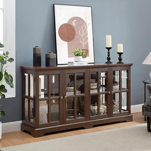 KEIKI Curio Cabinet, Lighted Glass Display Cabinet w/ 4 Glass Doors & Adjustable Shelves, Lighted Showcase with Light Strip, TV Stand, Cherry