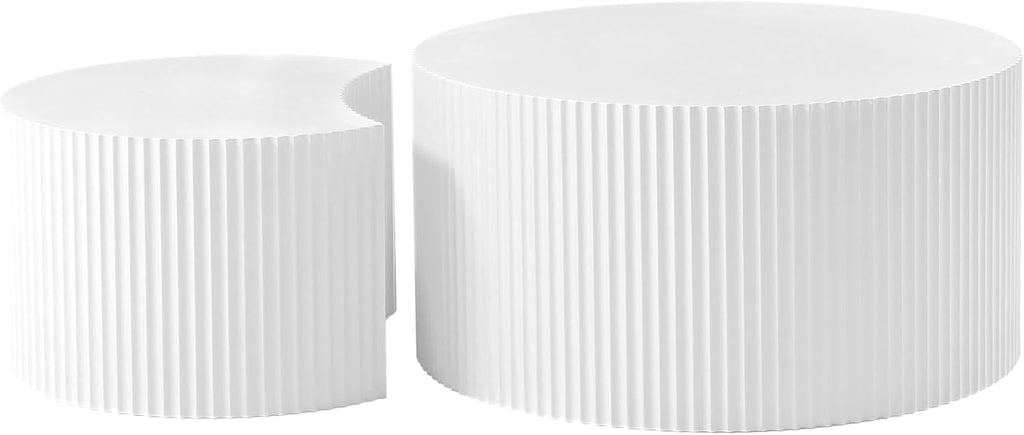 White Round Coffee Table Set of 3 Modern Drum Circle Nesting Coffee Tables for Living Room, Contemporary Wood Fluted Embossed Round+Small Crescent Coffee Table, No Assembly, White(3-Pcs)