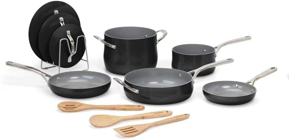 Cuisinart Ceramic Cookware Set, Nonstick 12-Piece Pots and Pans Set for Even Heat Cooking, Dishwasher Safe, Stainless Steel Handles & Easy Cleanup, Black, 34C-12BK