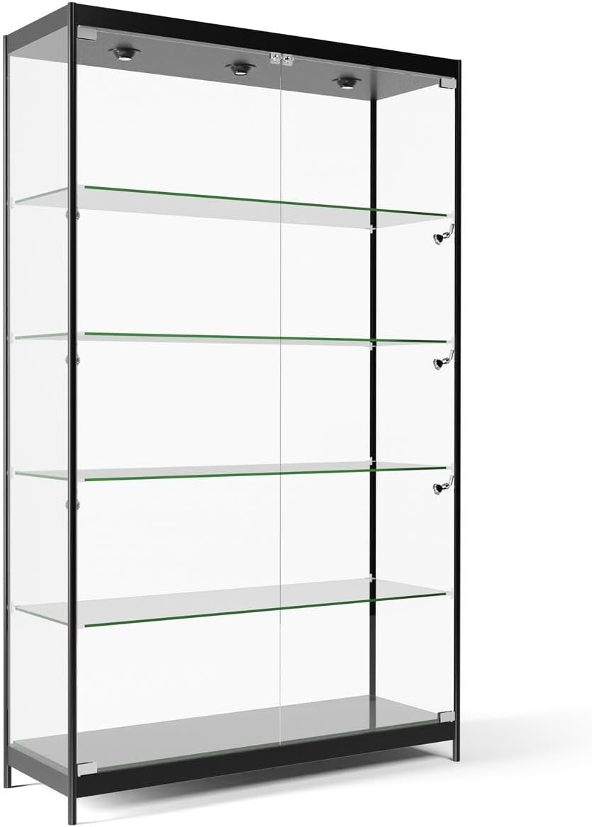 Displays2go 48' Glass Display Case with LED Lights, Lockable Retail & Museum Showcase Cabinet, 4 Shelves, Black Aluminum Frame (LESC4816BK)