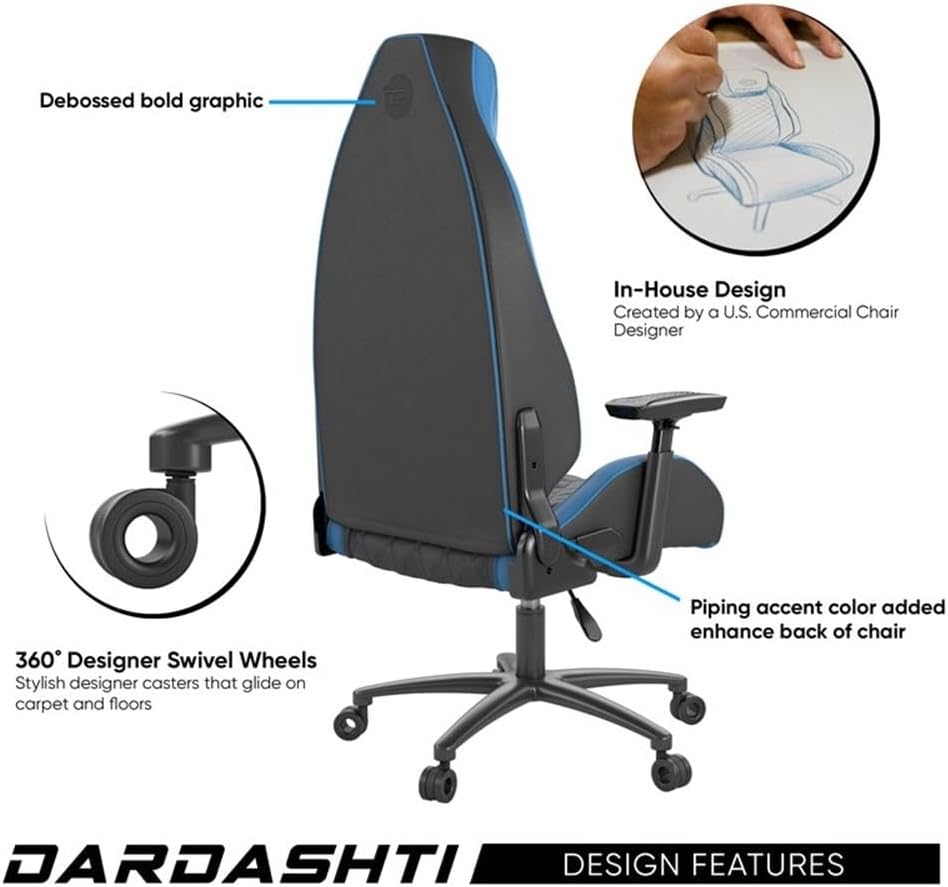 Atlantic Dardashti Gaming/Executive Chair, Molded Cold-Cure Foam, ANSI/BIFMA X5.1 Tested, Class-4 Heavy-Duty Gas Piston, 350 lbs. Weight Load, 8-Way Arm Rests, PN 78050355 – Black & Cobalt Blue