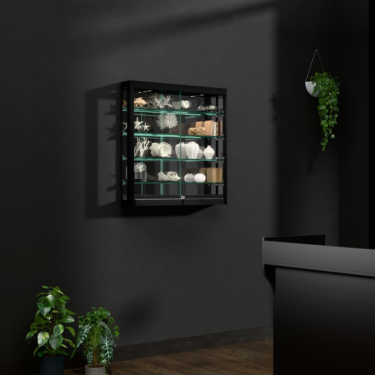 Displays2go Illuminated Showcase for Wall Mount, LED Top Lighting, 4 Tempered Glass Shelves – Black (WC396LEDB)