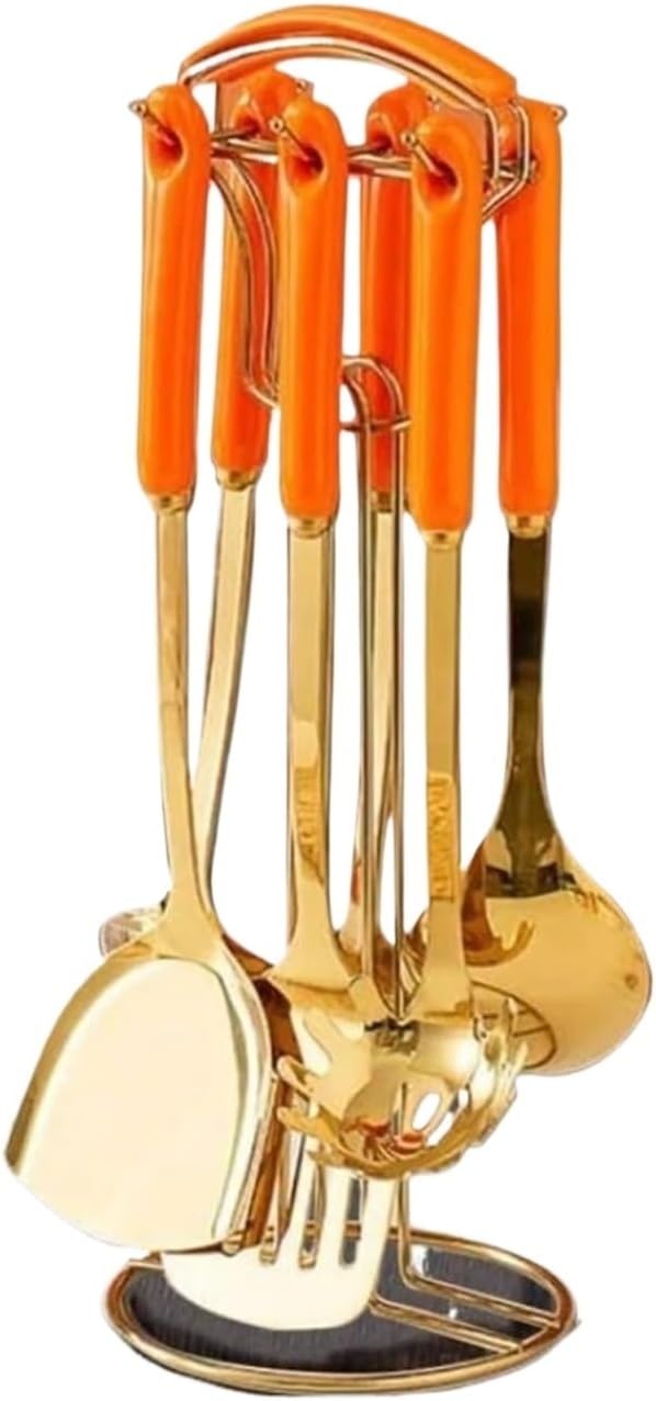 Stainless Steel Cooking Utensils Spoons Spatulas Kitchen Cookware Bakeware Gadgets Tools 7 Pieces Sets(Orange)