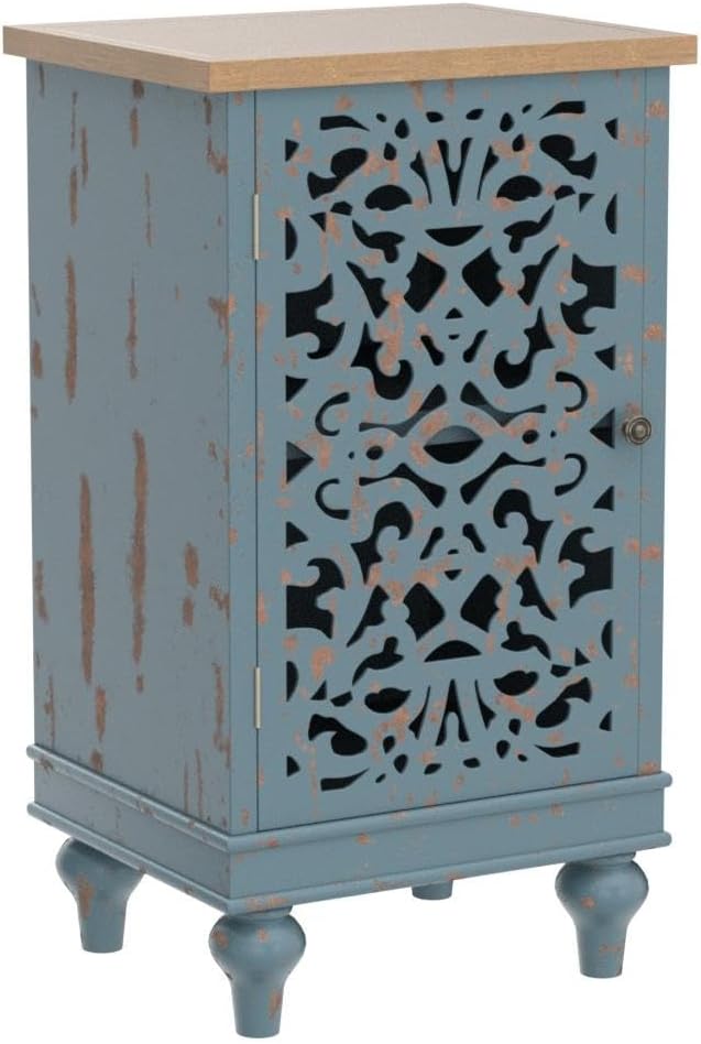 Sophia & William Small Accent Cabinet with Single Door, 31.5' Tall Side End Table, Distressed Nightstand with Hollow Carved Door, Blue
