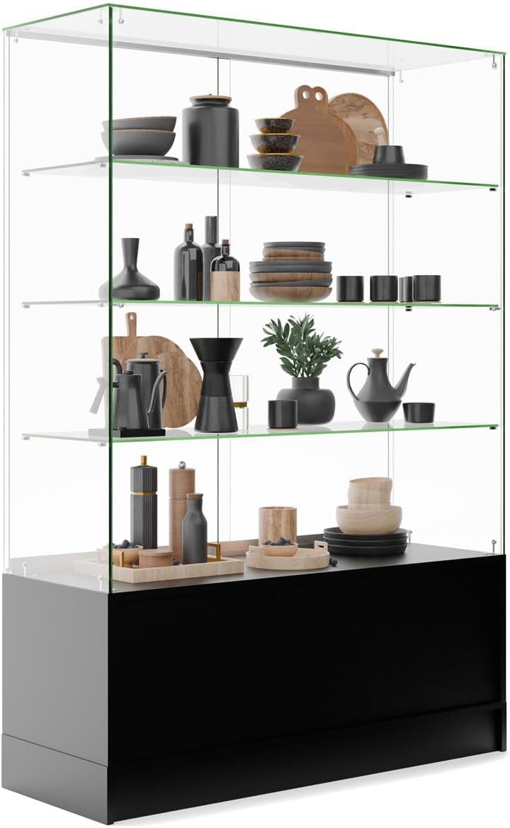 Displays2go 48 Inch Glass Display Cabinet with 3 Glass Shelves, Separate Storage Area in Base, Sliding Doors (Black)