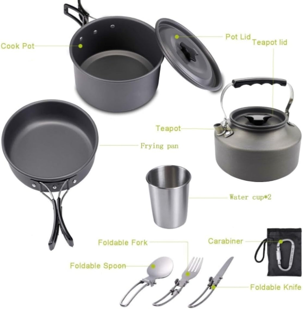 Camping Campfire Utensils, Camping Cookware Kit Outdoor Aluminum Cooking Set for 2 to 3 People Non Stick Folding Pans Backpacking Gear