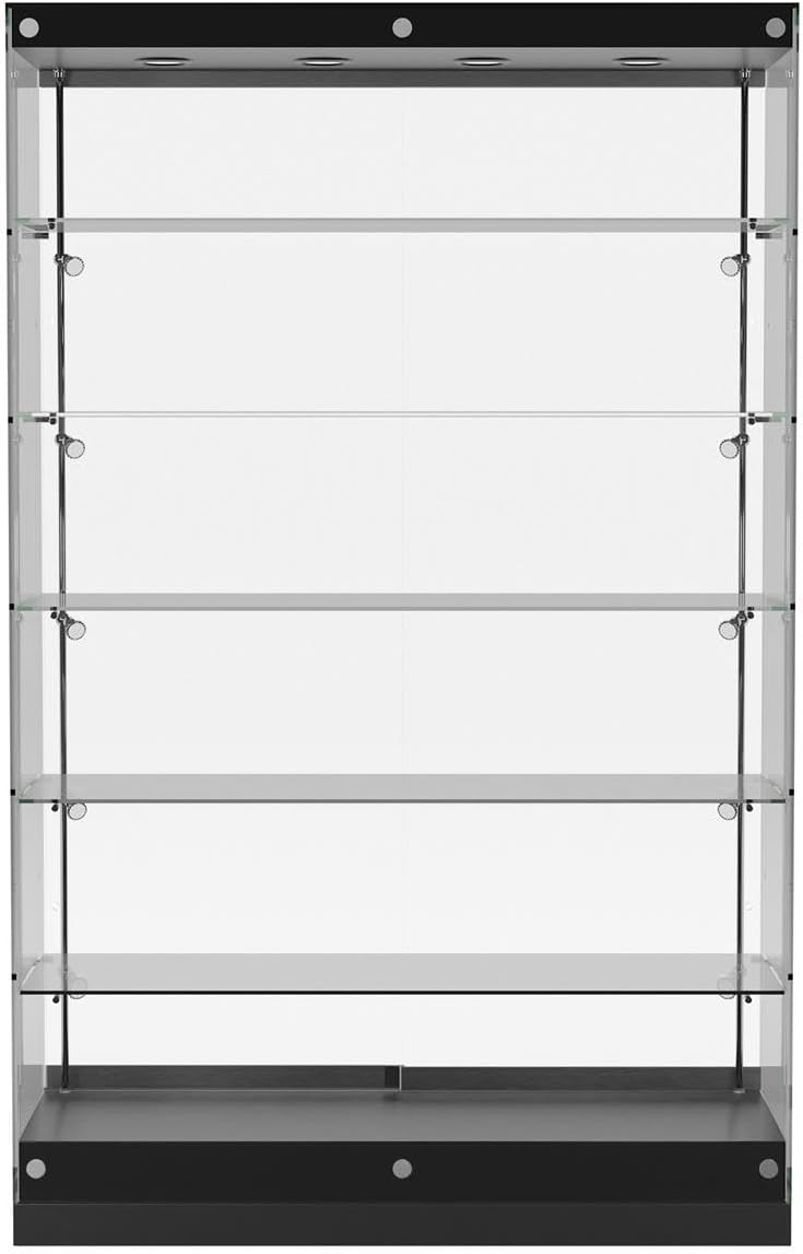 Displays2go 4' Frameless Glass Showcases with LED Lighting, Adjustable Shelves, Locking, MDF – Black (GTAP48LEDB)