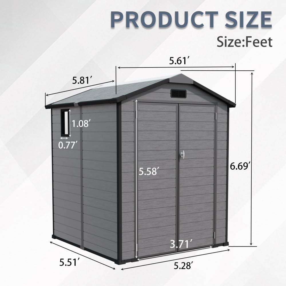 6x6 FT Outdoor Storage Shed with Floor & Window, Lockable Resin Tool Shed, Heavy-Duty Plastic Garden Shed for Backyard, Dark Gray