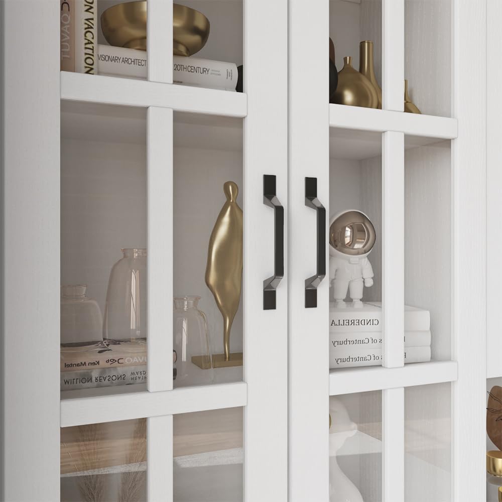VOWNER Bookcase with Glass Door, 5-Tier Modern Bookshelf with Large Drawer, Glass Display Cabinet with Large Storage Shelf, Combination Storage Cabinet for Home Office, AEA( White)
